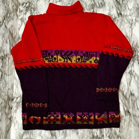 United Colors Of Benetton Sweaters - United Colors Of Benetton Red and Purple Turtleneck Sweater Cabincore 90s Vibes